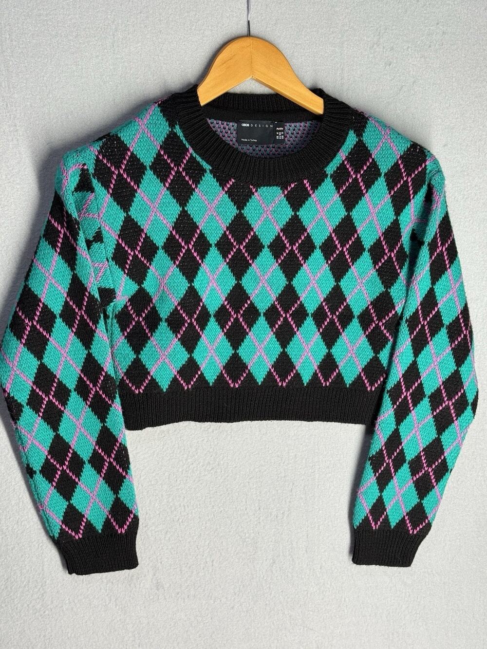 ASOS Design Argyle Sweater Jumper UK 4 Teal Black Pink Top